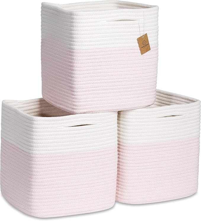 NaturalCozy Storage Cubes 11 Inch Cotton Rope Woven Baskets for Organizing, 3-Pack | Cube Storage Bin | Square Storage Baskets for Shelves Organizer, Classroom, Kids Toy Bins, Closet, Baby Nursery-Ruum Studio Home