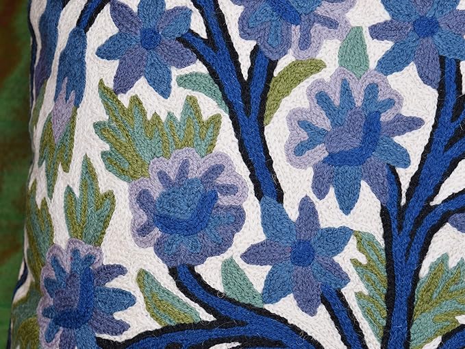 Blue Tree of Life Pillow Cover Indigo Plant Floral Pillowcase Needlepoint Botanical Flower Suzani Cushions Traditional Boho Modern Floral Cushion Wool Size - 18x18-Ruum Studio Home