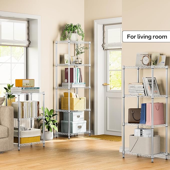 5 Tiers Shelf Metal Storage Shelves Wire Rack Closet Organizers with Wheel for Garage Kitchen Bathroom Laundry Chrome 11.8" D x 17.7" W x 55" H-Ruum Studio Home