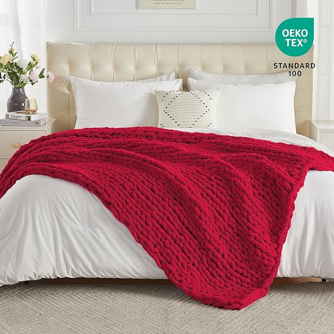 Carriediosa Chunky Knit Throw Blanket 60" X 80" Twin, 100% Hand Made Large Chenille Loop Yarn Soft Fluffy Throws for Couch Sofa Bed, Big Crochet Cozy Heavy Thick Cable Woven Blankets, Red-Ruum Studio Home