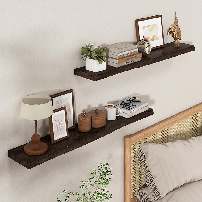 Axeman 40 inch Floating Shelves for Wall - 8'' D Live Edge Rustic Solid Elm Wood Floating Shelves Wall Mounted, Wall Shelves with Invisible Bracket for Living Room Bedroom Kitchen, Set of 1 Walnut-Ruum Studio Home