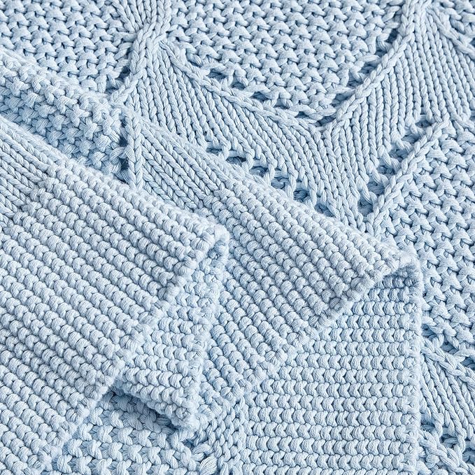 Longhui bedding Chunky Cotton Knit Throw Blanket for Couch, Sofa, Bed, or Chair, Decorative Breathable Fall Cable Knit Blanket 51 x 63 Inches, Light Blue-Ruum Studio Home
