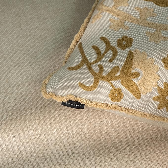 Embroidered Mandala Floral Vintage Indian Cotton Decorative Embroidery Throw Pillow Covers, Fringes Lace Cushion Cover, Pillow Case for Sofa Couch Bed Chair 18" x 18"-Ruum Studio Home