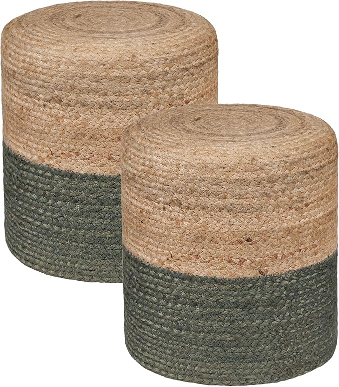 REDEARTH · Cylindrical Pouf Foot Stool Ottoman - Jute Braided Pouffe Poof Accent Sitting Footrest for The Living Room, Bedroom, Nursery, Patio, Lounge - Set of 2 (14.5”x14.5”x16”; Natural Olive)-Ruum Studio Home