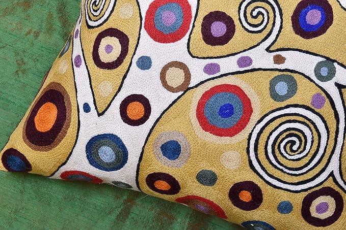 Decorative Pillow Cover Tree of Life Yellow Gold Pillows Botanical Yellows Throw Pillowcase for Couch | Mid Century Pillows for Sofa | Hand Embroidered Cushions Wool 18x18-Ruum Studio Home