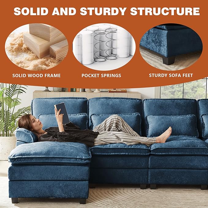 113" Oversized Cloud Couch, U Shape Sectional 4 Seat Sofa with Double Chaises, 2 Layer Cusions, Deep Seat Comfy Sofa, Upholstery Chenille Fabric for Living Room, Blue-Ruum Studio Home