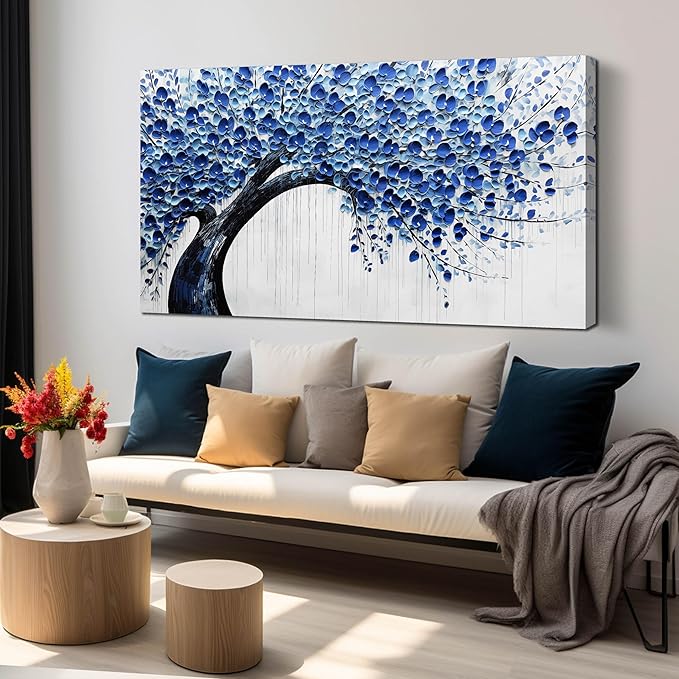 Large Wall Art for Living Room Bedroom Home Office Blue Tree of Life Wall Art Floral Picture Framed Wall Decor Modern Canvas Prints 29x59 In-Ruum Studio Home