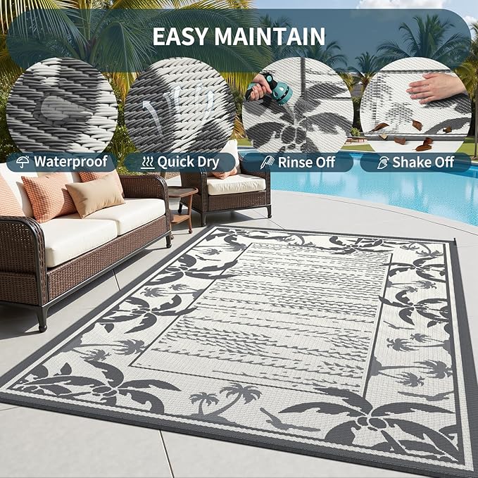 COCOER Outdoor-Rug 9x12 ft Waterproof Outdoor Plastic Straw Rug Reversible RV Indoor Outdoor Carpet Quick Dry Patio Rug Camping Mat for Balcony Backyard Picnic Beach-Grey&Beige-Ruum Studio Home