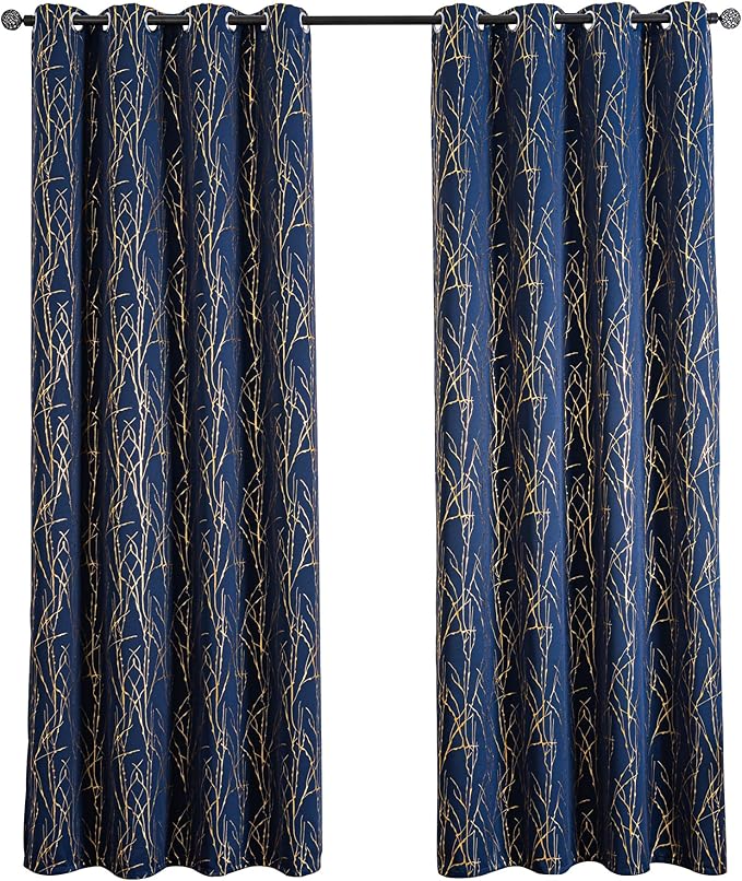 Grommets Blackout Long Window Curtains Navy Blue Gold-52W*95L 2PCS Drapes for Bedroom-Ruum Studio Home