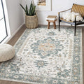 Washable Area Rugs for Living Room - 5x7 Neutral Vintage Distressed Floral Farmhouse Boho Large Soft Floor Rug Indoor Non Slip Carpet for Living Room Bedroom Dining Room Office - Green/Grey-Ruum Studio Home