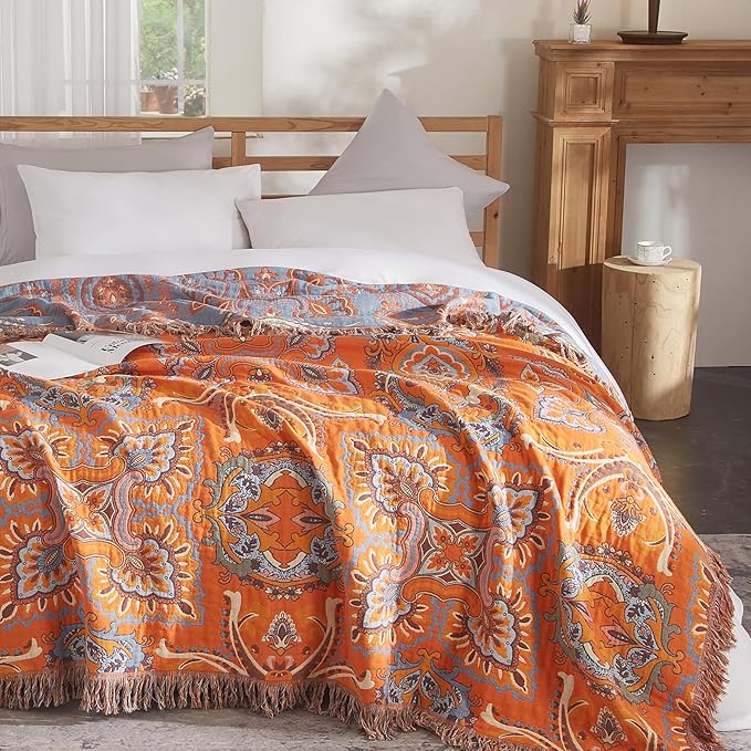 Boho Throw Blanket for Couch Sofa Bed, 100% Cotton Woven Quilt with Tassel 60”x80”, Super Soft Muslin Blanket with Oriental Universe Printed, Decorative Reversible Bed Blanket/Cover for All Seasons-Ruum Studio Home