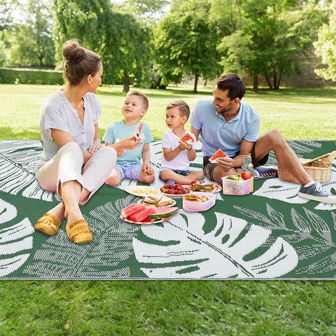GAOMON Outdoor Rug 8x10 Patio Waterproof Reversible Plastic Straw Rug Modern Foldable Lightweight RV Camping Mat with Portable Bag & 4 Stakes, UV Resistant & Sturdy for Picnic Deck Balcony, Green-Ruum Studio Home