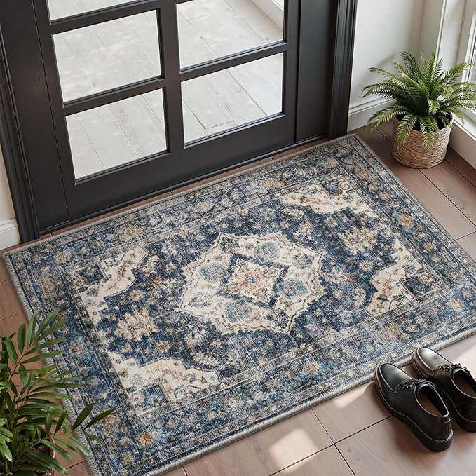 AMOAMI-2X3 Small Rug-Washable Rugs Entryway Mat Indoor-Soft Vintage Non Slip Rugs for Kitchen Laundry Room Bathroom Blue Decorative Accent Rug for in Front of Sink 24 Inch x36 Inch-Ruum Studio Home