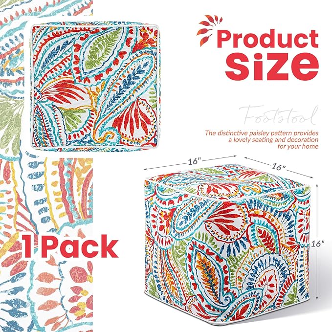 Juexica 1 Pack Ottoman Poufs Indoor Outdoor Inflatable Ottoman Stool Cube Pouffe Square Footstool with Handle for Patio Garden Home Boho Decorative Living Room, Bedroom (16 x 16 x 16 Inches)-Ruum Studio Home