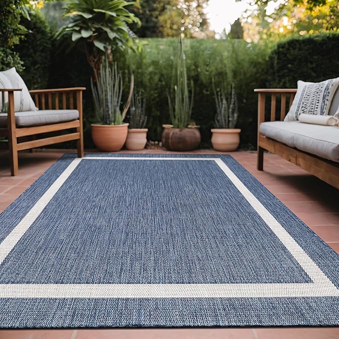 Bordered Outdoor Rug 9x12 Washable Outside Carpet for Indoor Patio Porch Waterproof Easy Cleaning Non Shedding Area Rugs Blue 9 x 12-Ruum Studio Home