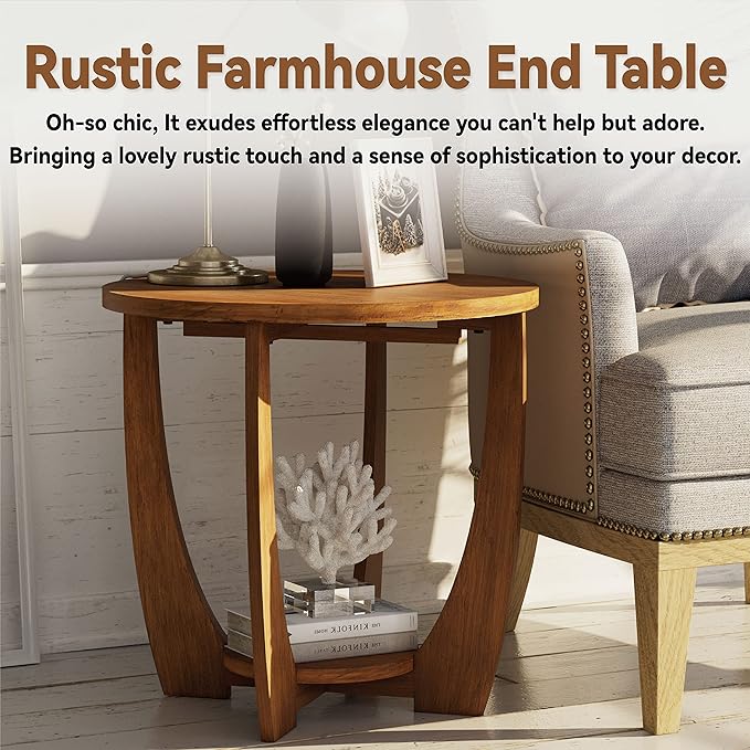 Rustic Farmhouse End Table with Storage Shelf, French Country Accent Side for Family, Dinning or Living Room, Small Spaces, Modern, Round, Vintage Caramel Brown Finish-Ruum Studio Home