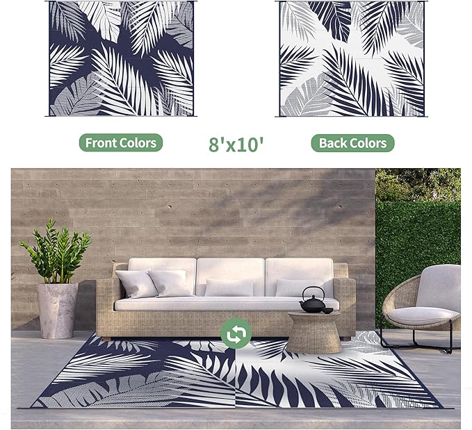 GENIMO Outdoor Rug 8' x 10' Waterproof for Patios Clearance, Reversible Outdoor Plastic Straw Camping Rug Carpet, Large Area Rugs Mats for RV, Camper, Deck, Balcony, Porch, Beach, Navy Blue&White-Ruum Studio Home