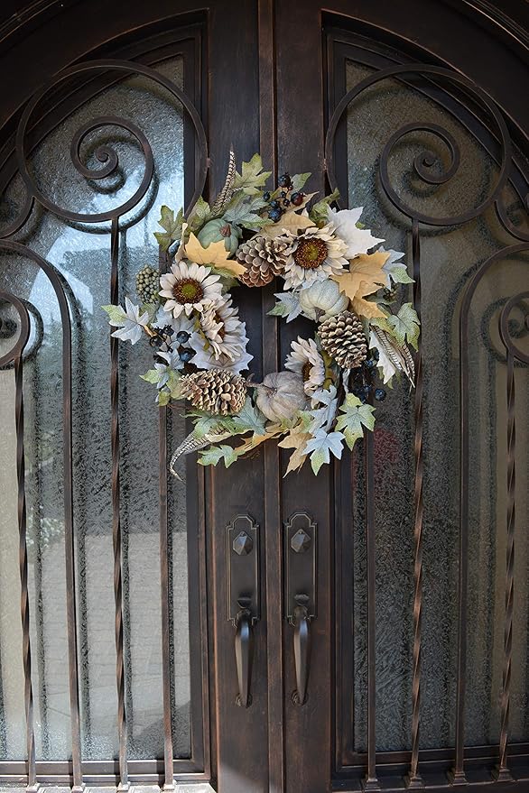 Admired By Nature 24 Inch Artificial Pumpkin Sunflower Fall Wreath Wall Door Farmhouse Decor For Home Office Thanksgiving Harvest Wreaths For Front Door Cemetery Wreaths Indoor Outdoor, Rustic White-Ruum Studio Home
