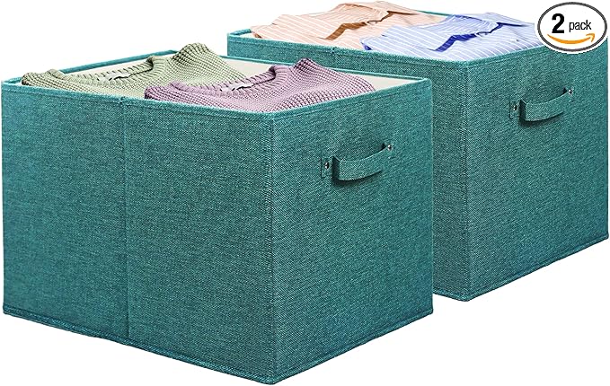 SIMPLE HOUSEWARE 15 x 13 Inch Collapsible Fabric Storage Bin with Handles, 2 Pack, Turquoise-Ruum Studio Home