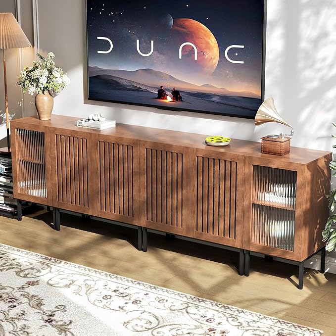 Farmhouse TV Stand for TVs up to 100 Inch, Entertainment Center TV Console with Storage Cabinets and Glass Doors,Media Console for Living Room,Brown-Ruum Studio Home