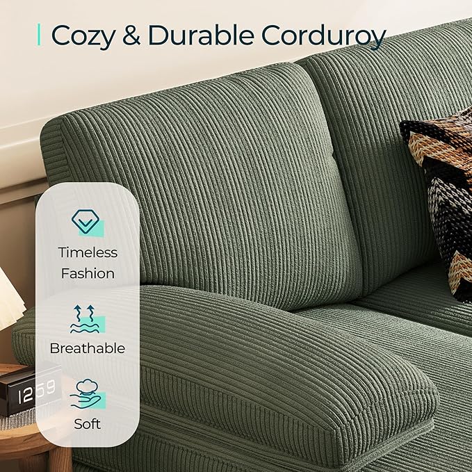 LINSY HOME Sectional Couch, 111'' W Corduroy U Shaped Sofa with Sleepable Armrests, 4 Seat Couch with Double Chaises, Deep Seat Sofa for Living Room, Army Green-Ruum Studio Home