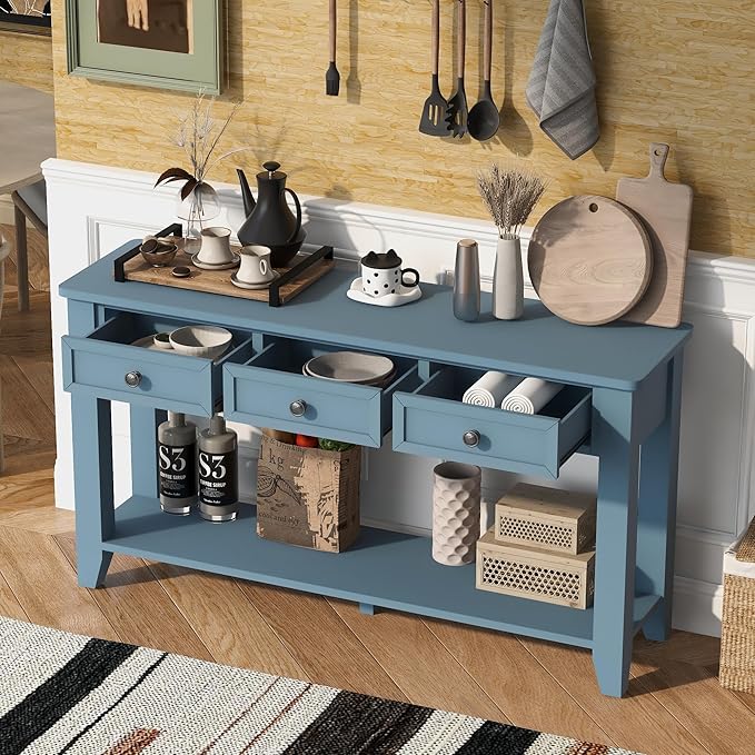 Farmhouse Modern Entryway Console Table 55.4'' Long Entry Sofa Table with Drawers & Storage Shelf for Living Room Hallway, Blue-Ruum Studio Home