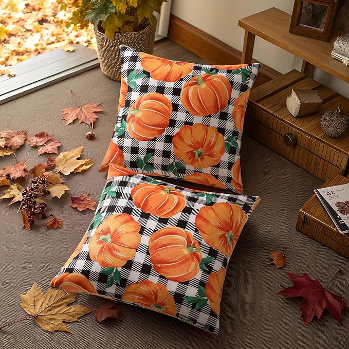 decorUhome Fall Orange Pumpkin Decorative Throw Pillow Covers 20x20 Set of 2, Buffalo Plaid Check Farmhouse Cushion Covers for Autumn Harvest Couch Sofa Bed Home Decor-Ruum Studio Home
