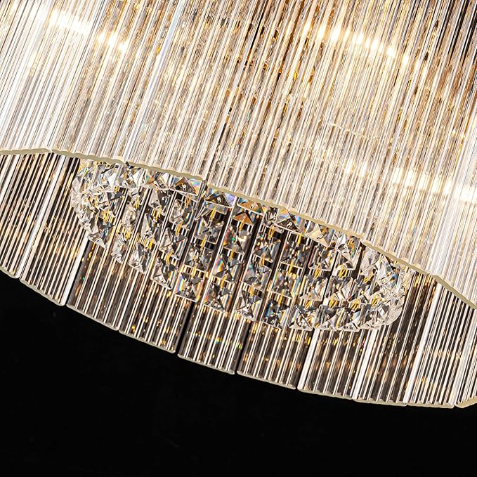 4-Lights Drum Glass Chandelier, Modern Style Light Fixture for Dining Room, Bedroom, Ripple Glass Shade & Brass Finish, D16.5 * H18~48 inch (Adjustable Height)-Ruum Studio Home
