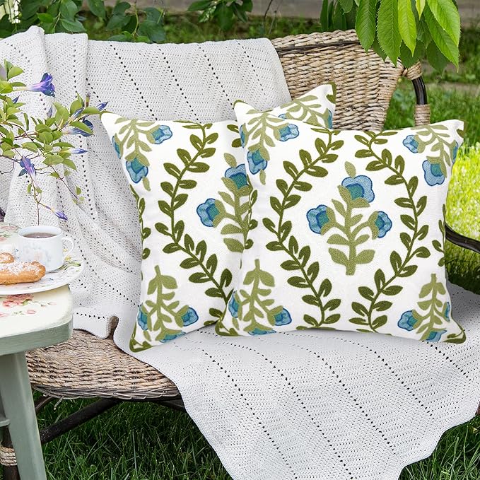 Alysheer Floral Embroidered Summer Decorative Throw Pillow Covers 20"x 20" Set of 2, Farmhouse Cottage Blue Flowers Green Leaves Knit Pattern Cotton Canvas Cushion Case for Couch Bed Living Room-Ruum Studio Home