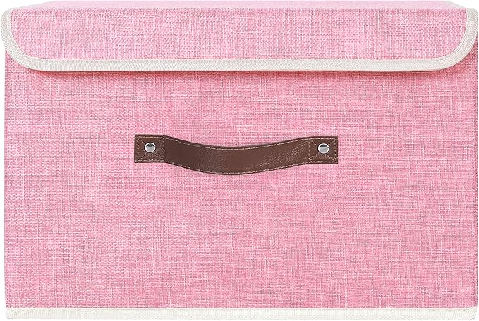 ANMINY Storage Bin with Lid Storage Boxes with PU Leather Handles PP Plastic Board Decorative Foldable Lidded Cotton Linen Fabric Home Cubes Baskets Closet Organizer Container - Pink, Large Size-Ruum Studio Home