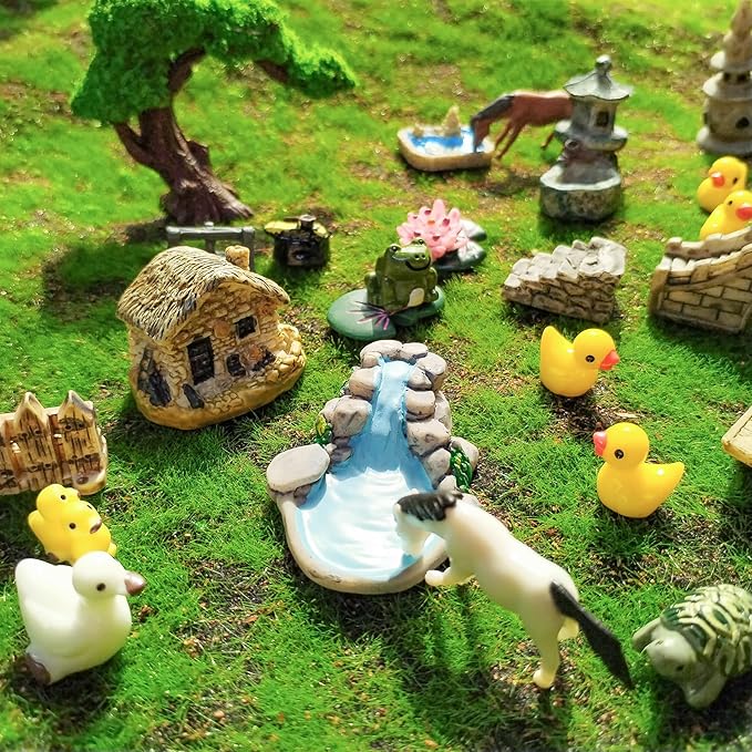 37PCS Fairy Garden Accessories, Miniature Nature Village Theme Fairy Garden Supplies for Outdoor, Mini Resin Animals House Bridge Pool Figurines Micro Landscape Succulent Plant Pots Terrarium Decor-Ruum Studio Home