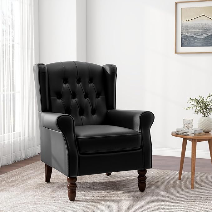 Accent Chair, Upholstered Armchair with Button Tufted High Back & Solid Wood Legs, Comfy Wingback Reading Single Sofa Chair for Small Spaces, Living Room, Bedroom (Leather Black, Set of 1)-Ruum Studio Home