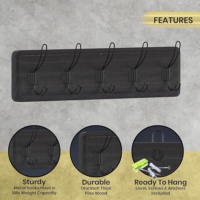 HBCY Creations Blackwash Solid Wood Wall Mounted Coat Rack with Shelf, 5 Hooks, 24" Long - Kitchen, Mudroom, Entryway, Bathroom - Includes Mounting Hardware, Coat Hanger, Dog Leash Hooks, Towel Rack-Ruum Studio Home