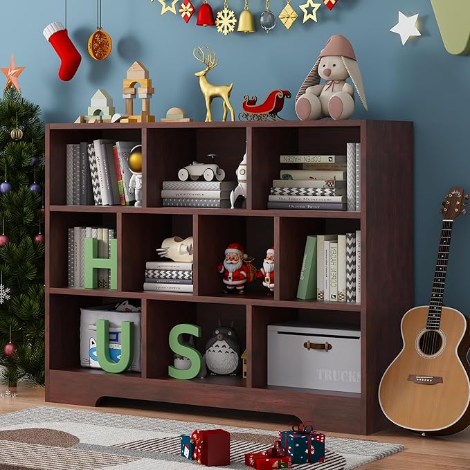 Book Shelf, 10 Cubes Storage Organizer, 3-Tier Open Shelf Wooden Bookcase, Freestanding Cherry Bookshelf Cube Shelf for Living Room-Ruum Studio Home