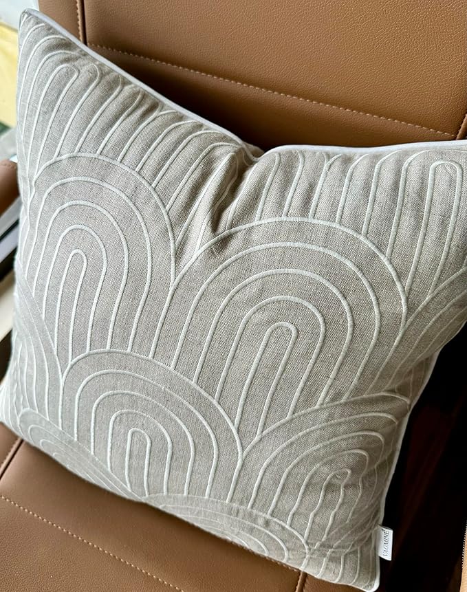 VAGMINE Embroidered Geometric Throw Pillow Cover - 18x18 Inches Square - 100% Linen Natural Decorative Cushion Cover - Elegant Embroidery - Minimalist Accent for Sofa, Bed, Couch, Farmhouse Décor-Ruum Studio Home