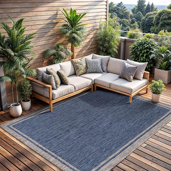 CAMILSON Indoor Outdoor Rug, 10x14 Bordered Navy Blue Gray Modern Large Area Rugs for Indoor and Outdoor Patios, Porches Waterproof Washable Porch Deck Outside Carpet (Bordered Navy, 10 x 14)-Ruum Studio Home