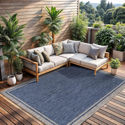 CAMILSON Outdoor Rug, 6x9 Bordered Navy Blue Gray Modern Area Rugs for Indoor and Outdoor Patios, Porches Waterproof Washable Porch Deck Outside Carpet (Bordered Navy, 6 x 9)-Ruum Studio Home