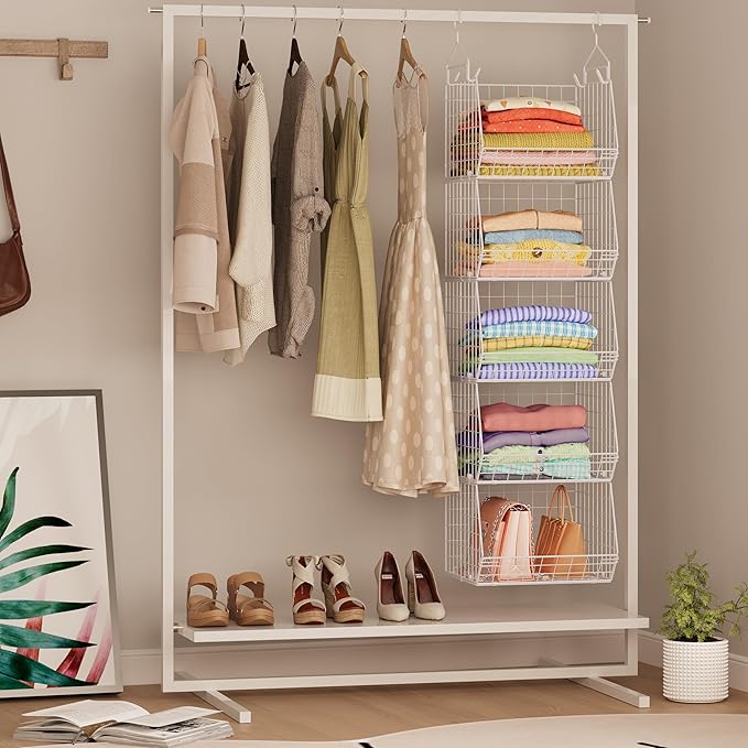 5 Tier Closet Hanging Organizer, Clothes Hanging Shelves with 4 Hanging Hooks 5 S Hooks, Wire Storage Basket Bins, for Clothing Sweaters Shoes Handbags Clutches Accessories Patent Design-White-Ruum Studio Home