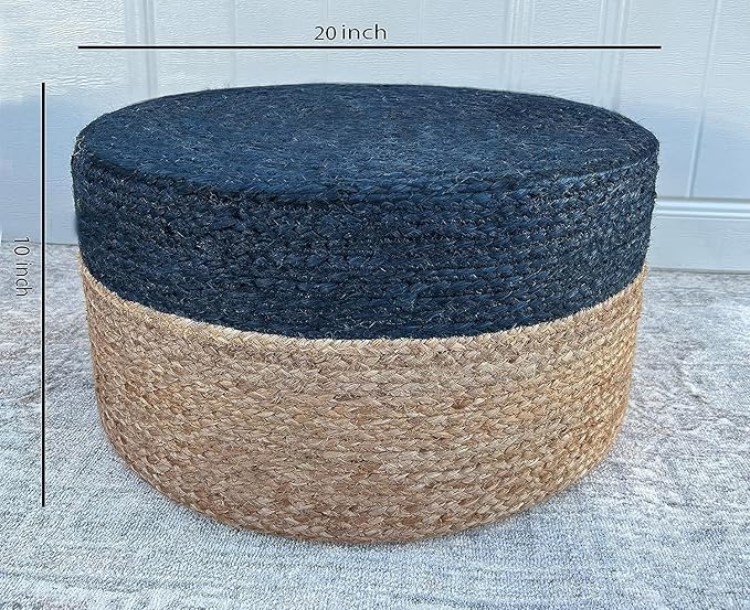 Jute Pouf Ottoman | Footrest Pouf | Hand Braided - Round Boho Pouffe - for Living Room, Bedroom, Nursery (20"x20"x10") Navy-Ruum Studio Home