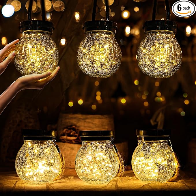 Cooo 6 Pack Heavy Crackle Glass Solar Lantern with 30 LED Firefly Lights– Waterproof Outdoor Hanging Lamp 215% Larger Solar Panel, Stainless Steel Lid Decorative Lighting for Garden Patio Table-Ruum Studio Home