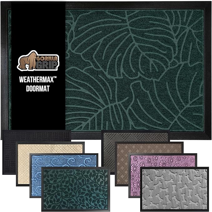 GORILLA GRIP 100% Waterproof All-Season WeatherMax Doormat, 47x35, US Designed Natural Rubber, Stain and Fade Resistant, Low Profile Indoor Outdoor Door Mats, Easy Clean Patio Mat, Green Palm-Ruum Studio Home