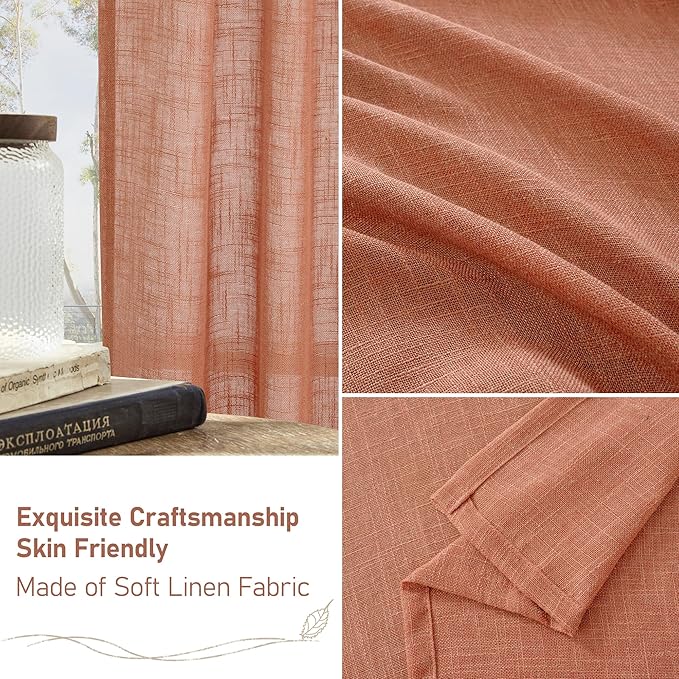 LAMIT Natural Linen Semi Sheer Curtains 48 Inch for Short Windows, Light Filtering Curtains Farmhouse Boho Bronze Grommet Drapes for Kitchen/Loft Room, 2 Panels (34 x 48 Inch, Terracotta)-Ruum Studio Home