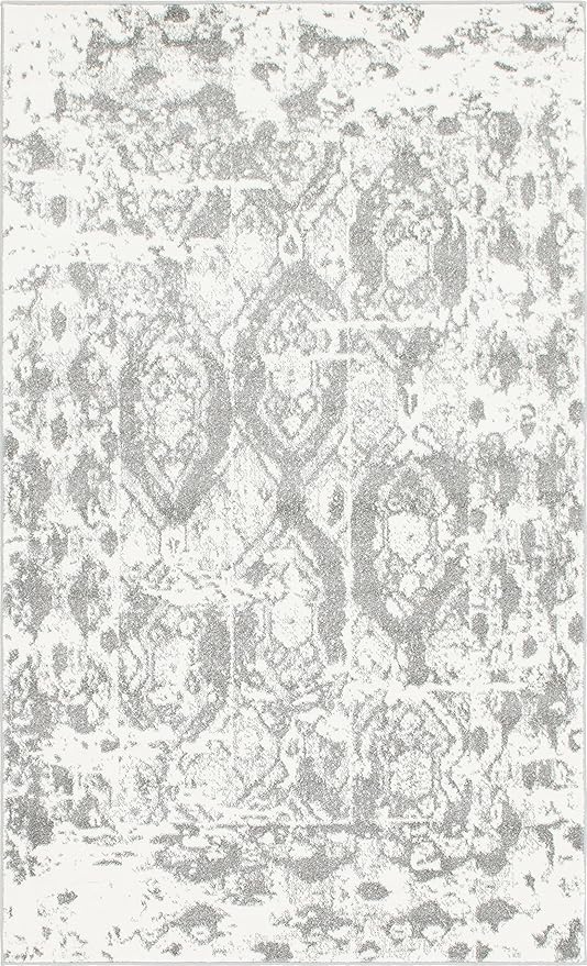 Unique Loom Rosso Collection Vintage, Geometric, Bohemian, Traditional, Distressed, Southwestern Area Rug, Rectangular 5' 0" x 8' 0", Light Gray/Ivory-Ruum Studio Home