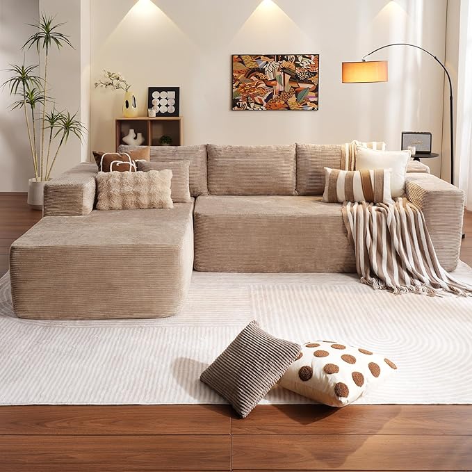 ovios 104" Cloud Sectional Couch with L-Shape Chaise,Modern Modular Sofa with Deep Seat, Upholstered Couches for Living Room Bedroom,No Assembly Required, Camel (Corduroy Fabric)-Ruum Studio Home