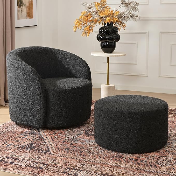 KINWELL 34" W Mid Century Modern Swivel Barrel Chair, Round Upholstered Boucle Swivel Accent Chairs, No Assembly Sofa Chair for Living Room Bedroom Reading Apartment Lounge Nursery(Black)-Ruum Studio Home