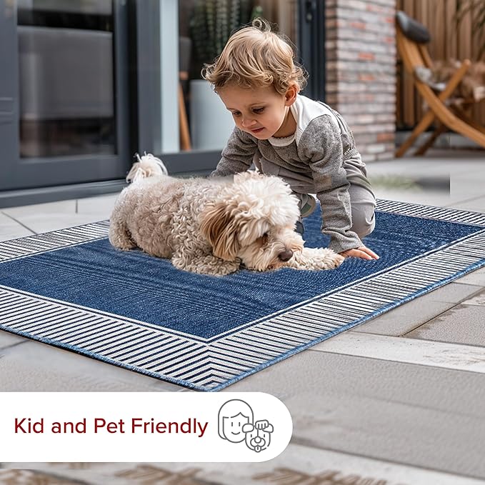 nuLOOM 3'6" x 5' Outdoor Area Rug, Casual Design With Striped Border, Stain Resistant, Highly Durable, For Patio, Balcony, Bedroom, Living Room, Dining Room, Bathroom, Navy-Ruum Studio Home