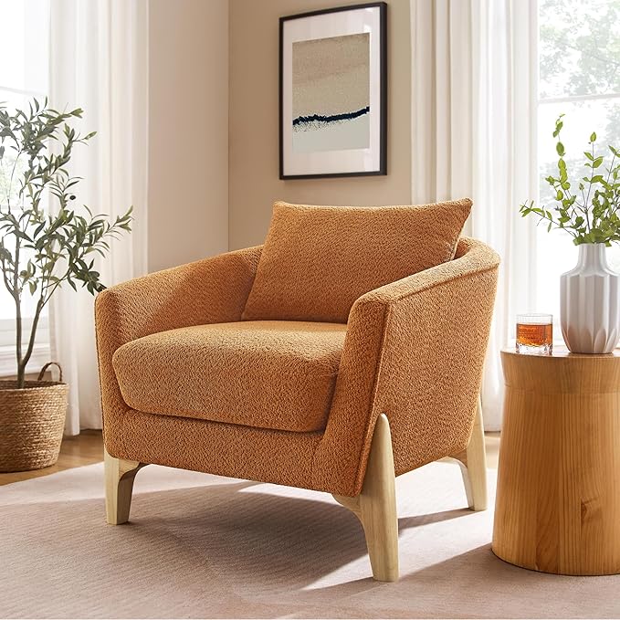 Accent Chair 31" Oversized Reading Chair Comfy Upholstered Boucle Lounge Armchair, Modern Living Room Chair with Back Pillow,Single Sofa Chair for Bedroom, Office (Curry)-Ruum Studio Home