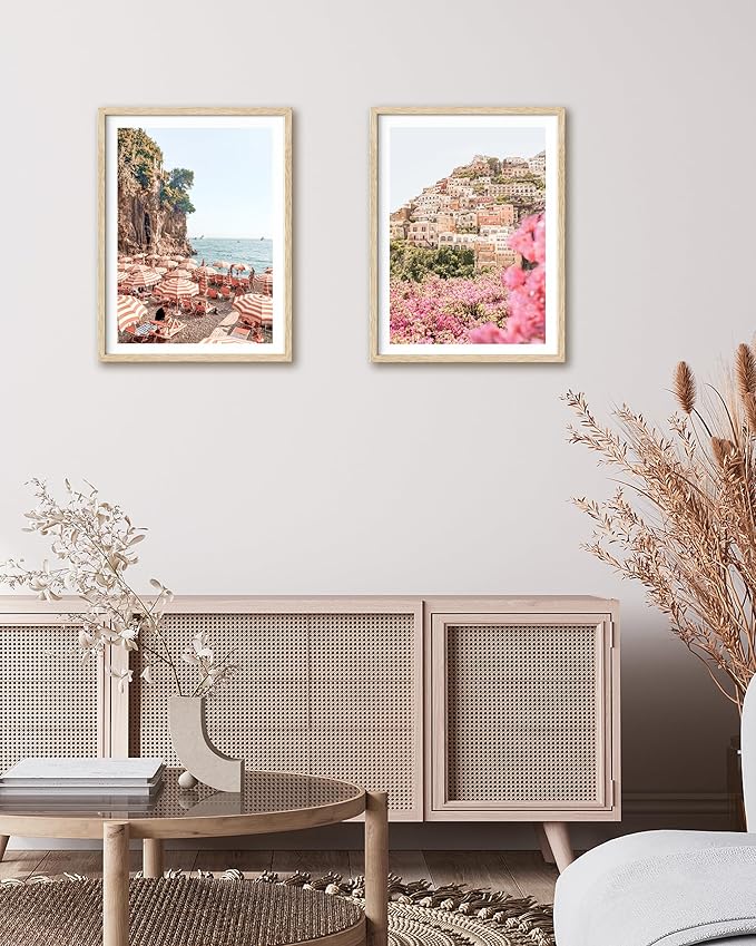 HesenDot Natural OAK Wood Amalfi Coast Framed Wall Art,12x16in Italy Beach Canvas Wall Print, Pink Flowers House Boho Wall Decor for Living Room,Bedroom,Office Gallery Gifts Set of 1-Ruum Studio Home