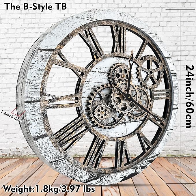 The B-Style Large Wall Clock 24 inch Moving Gear Wall Clock Oversized Vintage Farmhouse Wall Clocks for Living Room Decor Rustic Industrial Wood Clock (Gray and White)-Ruum Studio Home