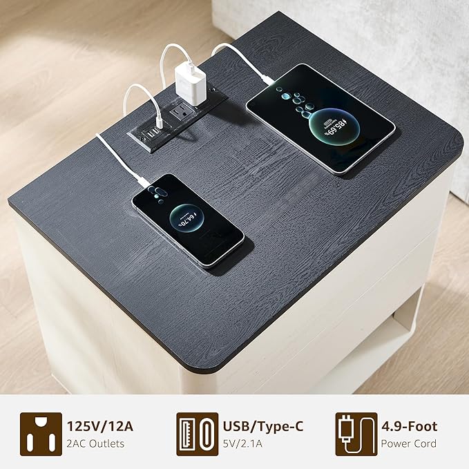 Nightstand with Charging Station, 22" Push-to-Open Bedside Table with 2 Storage Drawers, Large Modern End Table for Bedroom,Living Room,White-Ruum Studio Home